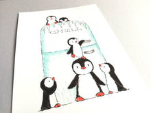 Load image into Gallery viewer, Penguin kitchen picture, cute chill penguins, fridge, freezer, unframed 7x5
