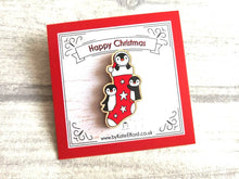 Load image into Gallery viewer, Christmas stocking pin, penguin wooden pin brooch, Responsibly resourced wood, eco friendly. Christmas penguins stocking filler
