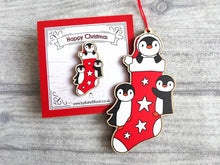 Load image into Gallery viewer, Christmas penguins, stocking pin, and decoration, wooden penguin, eco friendly
