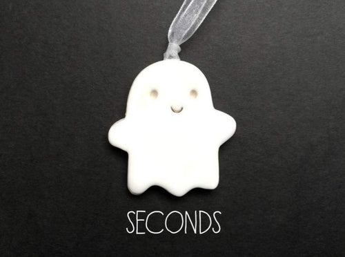 Seconds. Pottery ghost hanger. Little happy spooky tag. Hand painted ceramics, Halloween ornament, minor faults