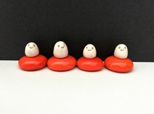 Miniature ghosts. Pottery and glass tiny ornament. Cute mini happy ghost. Halloween decor