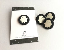 Load image into Gallery viewer, Small ghost button badge pin, mini happy glow in the dark ghost pin, cute ghost
