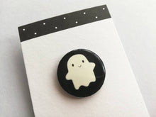 Load image into Gallery viewer, Small ghost button badge pin, mini happy glow in the dark ghost pin, cute ghost

