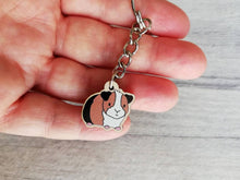Load image into Gallery viewer, Mini guinea pig keyring, small cavy wooden key fob, ethically sourced wood, tri colour guinea pig key chain, bag charm
