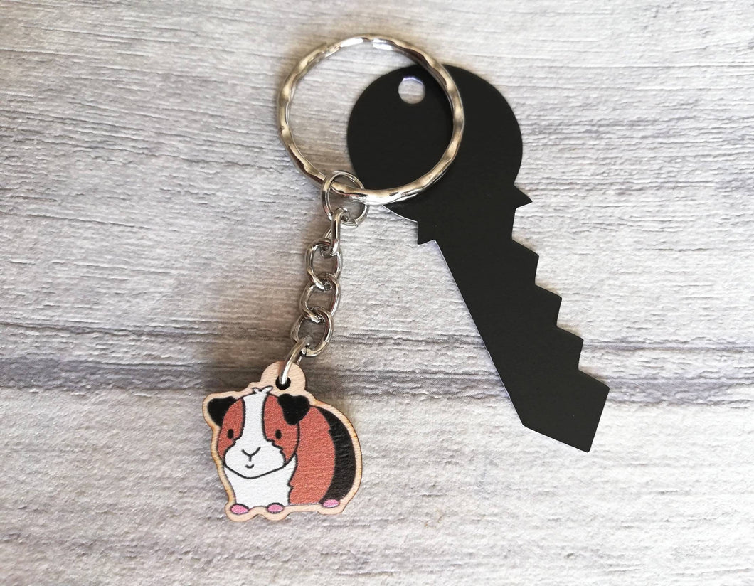 Mini guinea pig keyring, small cavy wooden key fob, ethically sourced wood, tri colour guinea pig key chain, bag charm