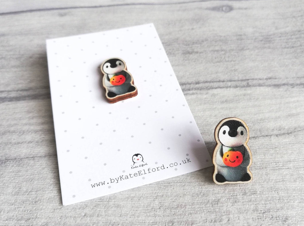 Penguin and pumpkin pin, grey penguin chick wooden pin brooch, Responsibly resourced wood, eco friendly. Halloween, autumn, fall badge