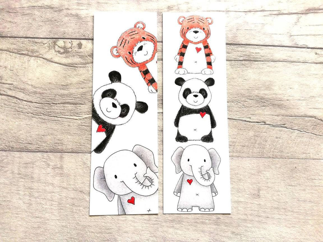 Elephant, tiger and panda bookmark, wildlife page marker, bookmarks, love heart, wild animal book gift