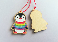 Load image into Gallery viewer, Penguin mini Christmas decoration. Rainbow jumper small wooden penguin. Christmas jumper, Cute Christmas tree ornament
