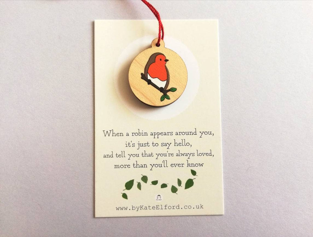 Small robin decoration. Tiny wooden Christmas tree ornament, environmentally friendly wood, choice of backing card, happy Christmas, memory
