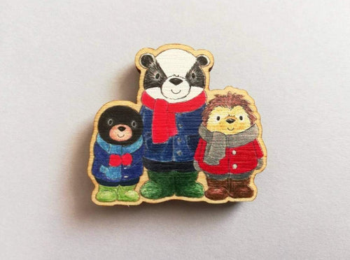 Small fridge magnet, badger, mole and hedgehog wearing coats, scarves and wellies. Woodland animals. Made from responsibly sourced, eco friendly wood