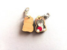 Load image into Gallery viewer, Cat stitch marker, mini wooden cat and wool, ethically sourced wood, crochet marker, cat charm
