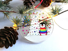 Load image into Gallery viewer, Penguin rainbow Christmas decoration. Recycled acrylic, Rainbow tree Christmas ornament, eco friendly
