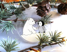 Load image into Gallery viewer, Penguin and polar bear decoration. Little recycled acrylic Christmas ornament, penguin and bear in the snow, eco friendly
