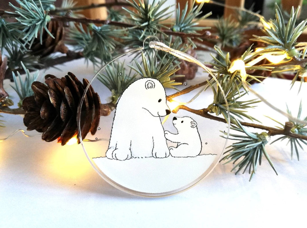 Polar bear decoration. Little recycled acrylic Christmas ornament, bears in the snow, eco friendly