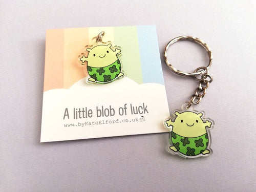 A little blob of luck keyring, mini good luck key fob, four leaf clover, postable, supportive, care recycled acrylic