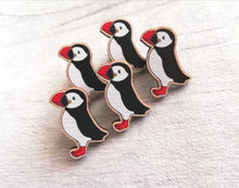 Load image into Gallery viewer, Puffin pin, wooden puffin badge, bird brooch, eco friendly wood pins, badges

