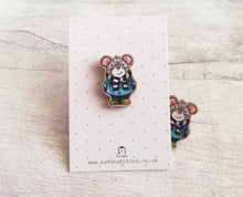 Load image into Gallery viewer, Little mouse wooden pin brooch, autumn, winter cute little mouse badge. Responsibly resourced wood. Mice, duffle coat and wellies
