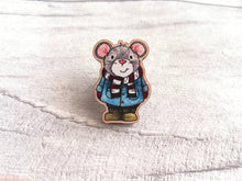 Load image into Gallery viewer, Little mouse wooden pin brooch, autumn, winter cute little mouse badge. Responsibly resourced wood. Mice, duffle coat and wellies
