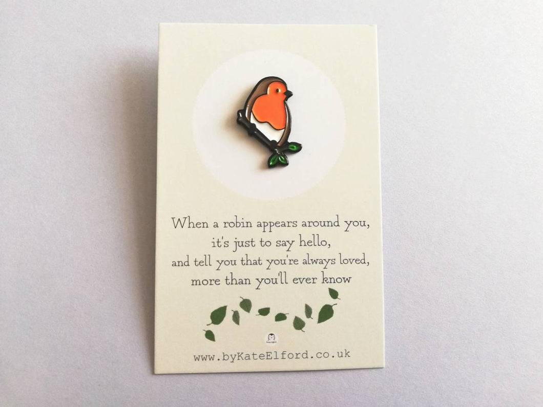 Little robin enamel pin, Christmas pin, memory robin, choice of backing cards