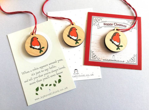 Small robin decoration. Tiny wooden Christmas tree ornament, environmentally friendly wood, choice of backing card, happy Christmas, memory