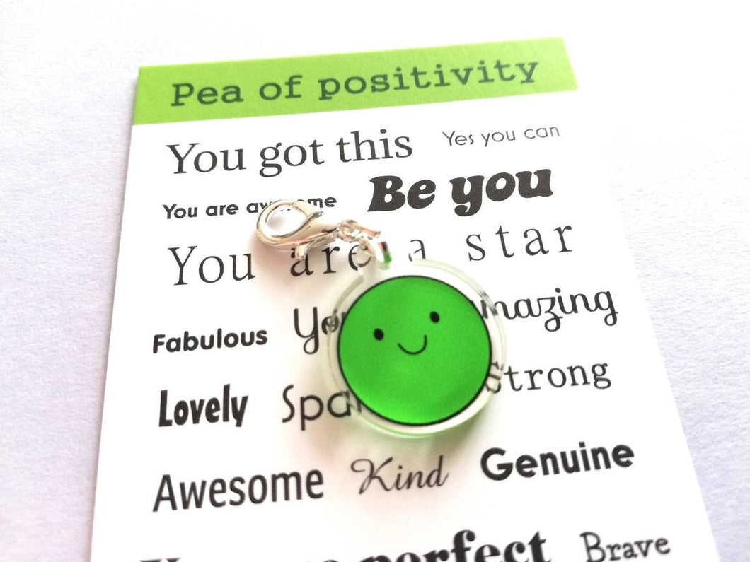 Pea of positivity stitch marker, cute happy, positive crochet gift, friendship, supportive, recycled acrylic, silver plated