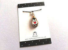 Load image into Gallery viewer, Penguin in a love heart jumper, wooden stitch marker
