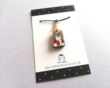 Load image into Gallery viewer, Cat stitch marker, mini wooden cat and wool, ethically sourced wood, crochet marker, cat charm
