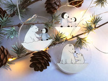 Load image into Gallery viewer, Polar bear and penguin recycled Christmas ornaments, set of three cute decorations, snow Christmas tree hangers
