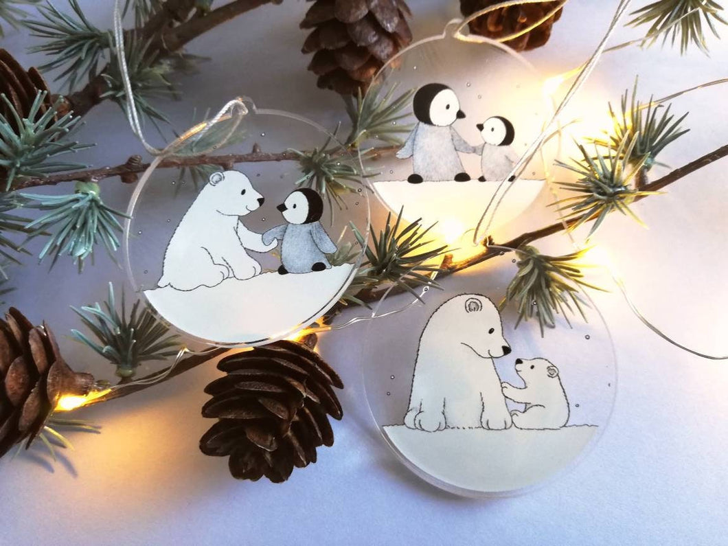 Polar bear and penguin recycled Christmas ornaments, set of three cute decorations, snow Christmas tree hangers