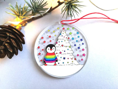 Penguin rainbow Christmas decoration. Recycled acrylic, Rainbow tree Christmas ornament, eco friendly