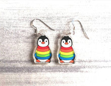 Load image into Gallery viewer, Penguin rainbow earrings, recycled acrylic, cute penguins, sterling silver hooks, penguins
