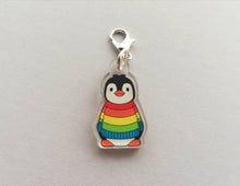 Load image into Gallery viewer, Rainbow penguin stitch marker, mini penguin recycled acrylic charm
