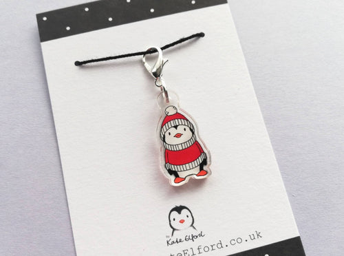 Penguin stitch marker, red hat and jumper, penguin recycled acrylic charm