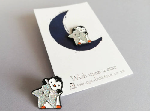 Little penguin and star pin. Penguin glitter enamel pin.