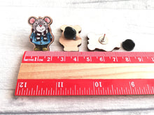 Load image into Gallery viewer, Little mouse wooden pin brooch, autumn, winter cute little mouse badge. Responsibly resourced wood. Mice, duffle coat and wellies
