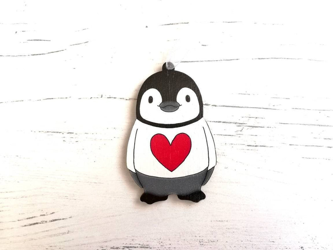 Penguin love heart decoration. Little wooden penguin tag, Red heart Christmas ornament