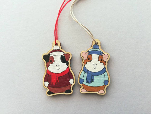 Guinea pig Christmas little decorations. Ethically sourced eco friendly. Choice of blue or red. Cute Christmas tree ornaments.