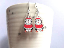 Load image into Gallery viewer, Cute penguins in red and white, recycled acrylic Christmas earrings
