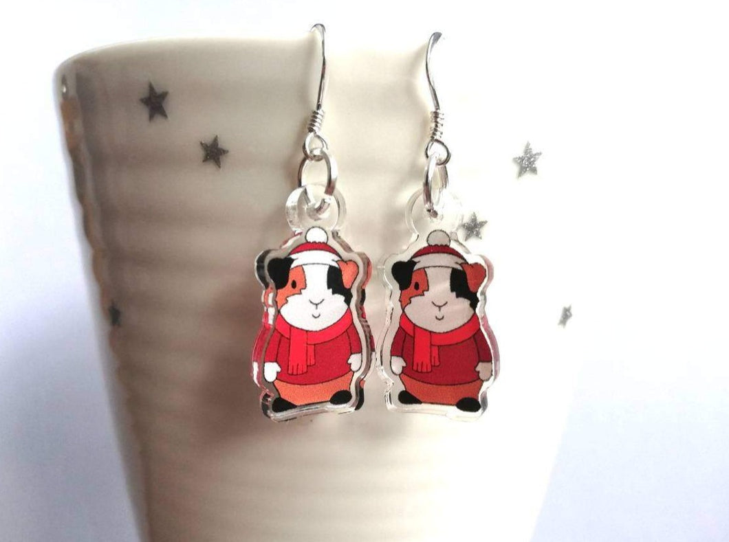 Clear recycled guinea pig earrings, wearing red jumpers, scarves and a Christmas santa hat