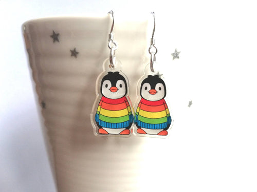 Penguin rainbow earrings, recycled acrylic, cute penguins, sterling silver hooks, penguins