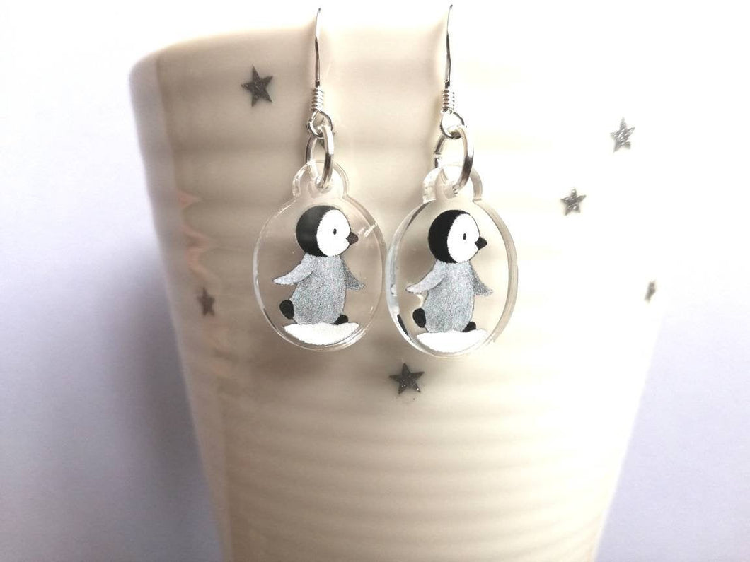 Penguin chick earrings, recycled acrylic, cute winter penguins, sterling silver hooks, grey penguin