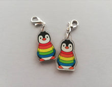 Load image into Gallery viewer, Rainbow penguin stitch marker, mini penguin recycled acrylic charm
