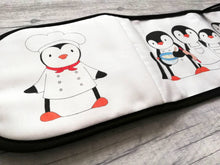 Load image into Gallery viewer, Kitchen penguins double oven gloves. Pot holder. Chef, baking, mixing bowl, cup cake, washing up, aprons and cup of tea
