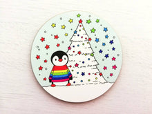Load image into Gallery viewer, Rainbow Christmas penguin coaster, penguins table mat, Christmas coaster
