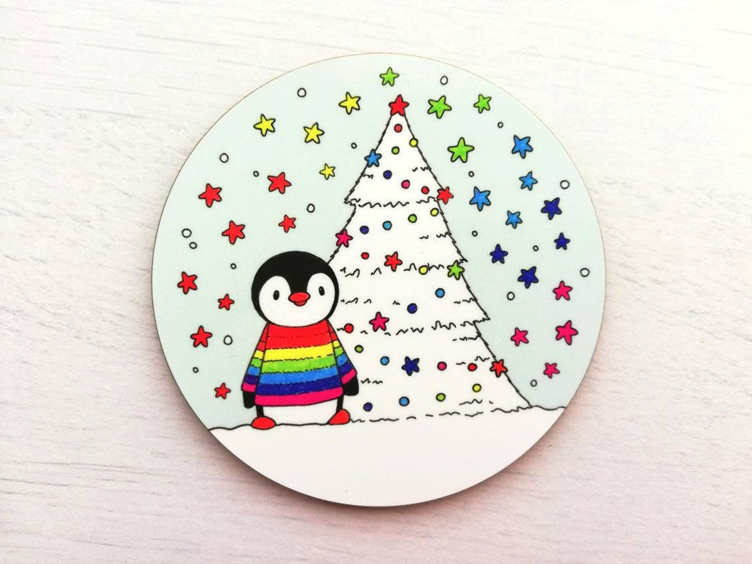 Rainbow Christmas penguin coaster, penguins table mat, Christmas coaster
