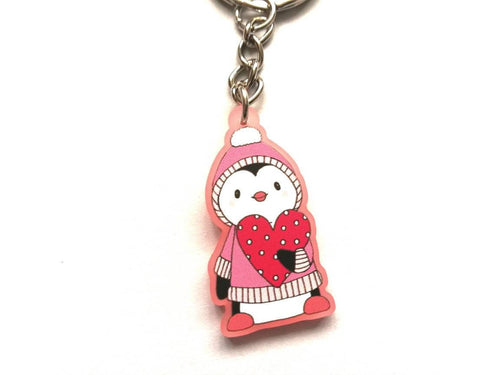 Pink penguin keyring, acrylic, cute love key fob, heart key chain, blush pink