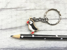 Load image into Gallery viewer, Tiny puffin keyring, mini puffin wooden key fob, ethically sourced wood, sea bird key chain, coastal bag charm
