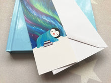 Load image into Gallery viewer, Sleeping penguin bookmark, aurora, Northern lights, penguin page marker,  bookmark, polar lights, stars, gift, book lover, book worm

