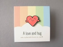 Load image into Gallery viewer, SECONDS Heart love and hug happy enamel pin, cute heart, friend, positive enamel brooch, support enamel badges, gift
