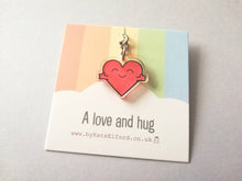 Load image into Gallery viewer, A love and hug keyring, cute love heart positive mini key fob, friendship, postable hug, supportive, recycled acrylic
